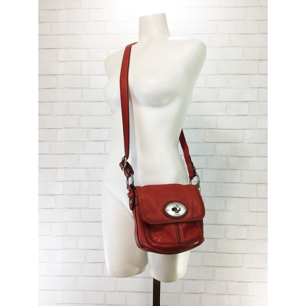 Fossil Red Leather Crossbody Turnlock Silver